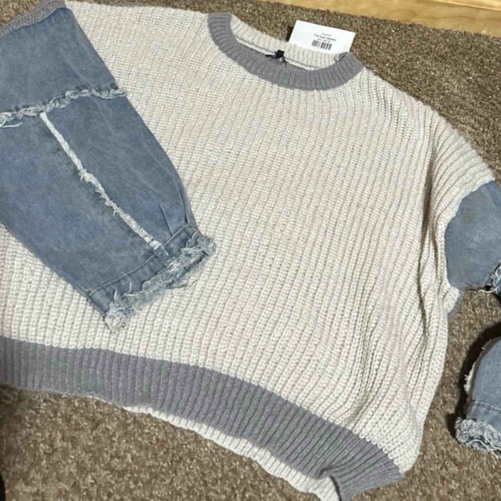 Cream and Blue Women's Denim Sweater - Picture 3 of 4